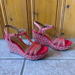 Women's Coral Pink T-Strap Wedge Sandals